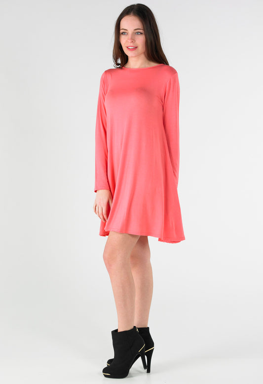 Coral Long Sleeve Mini Swing Dress