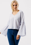 Blue Stripe V Neck Tie Fasten Flare Sleeve Top Blue Stripe V Neck Tie Fasten Flare Sleeve Top