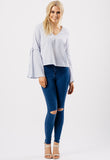 Blue Stripe V Neck Tie Fasten Flare Sleeve Top Blue Stripe V Neck Tie Fasten Flare Sleeve Top