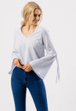 Blue Stripe V Neck Tie Fasten Flare Sleeve Top Blue Stripe V Neck Tie Fasten Flare Sleeve Top