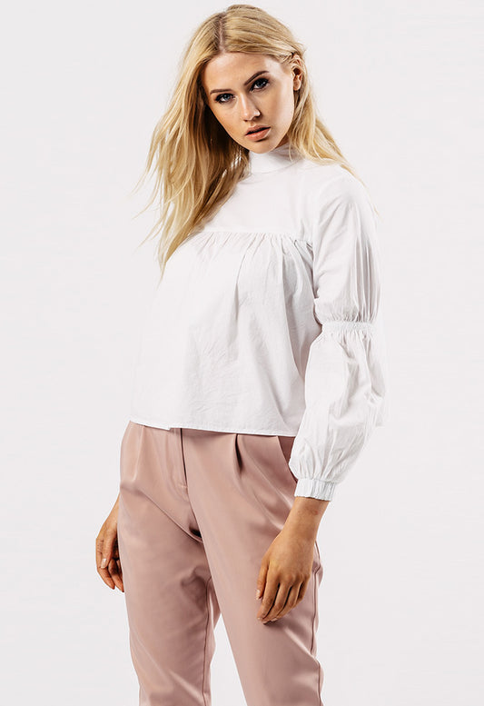 White Petite Balloon Sleeve Blouse