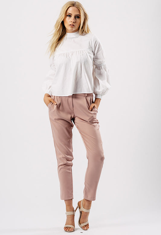 White Petite Balloon Sleeve Blouse
