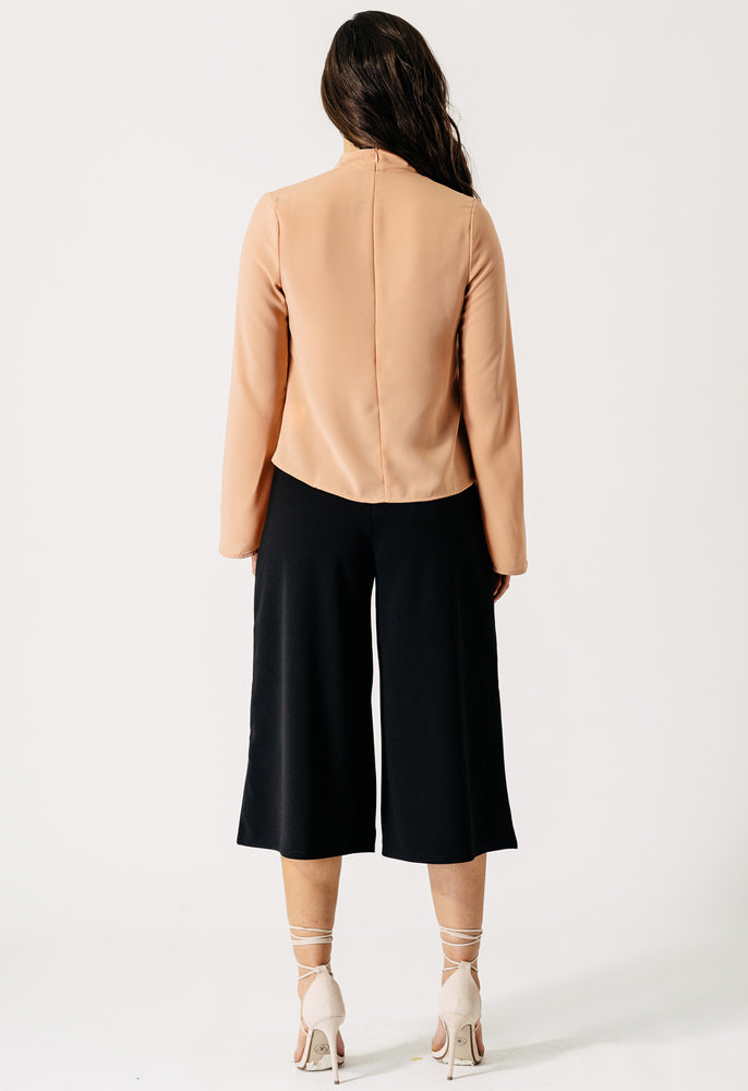 Nude Flared Long Sleeve Cross Neck Blouse Nude Flared Long Sleeve Cross Neck Blouse