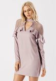 Mauve Lace and Ruffle Choker Neck Mini Dress Mauve Lace and Ruffle Choker Neck Mini Dress