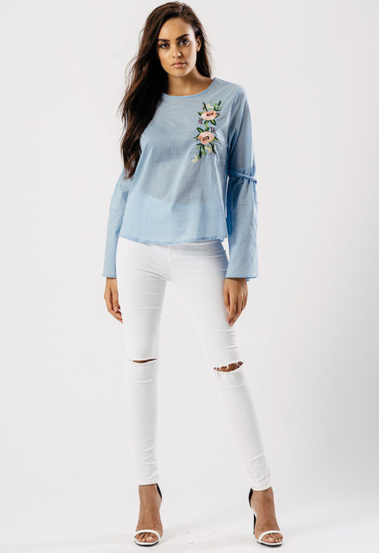 Blue Flare Sleeve Embroidered Top