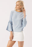 Blue Light Wash Flute Sleeve Crochet Detail Top Blue Light Wash Flute Sleeve Crochet Detail Top