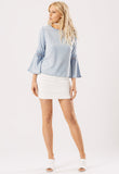 Blue Light Wash Flute Sleeve Crochet Detail Top Blue Light Wash Flute Sleeve Crochet Detail Top