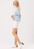 Blue Light Wash Flute Sleeve Crochet Detail Top Blue Light Wash Flute Sleeve Crochet Detail Top