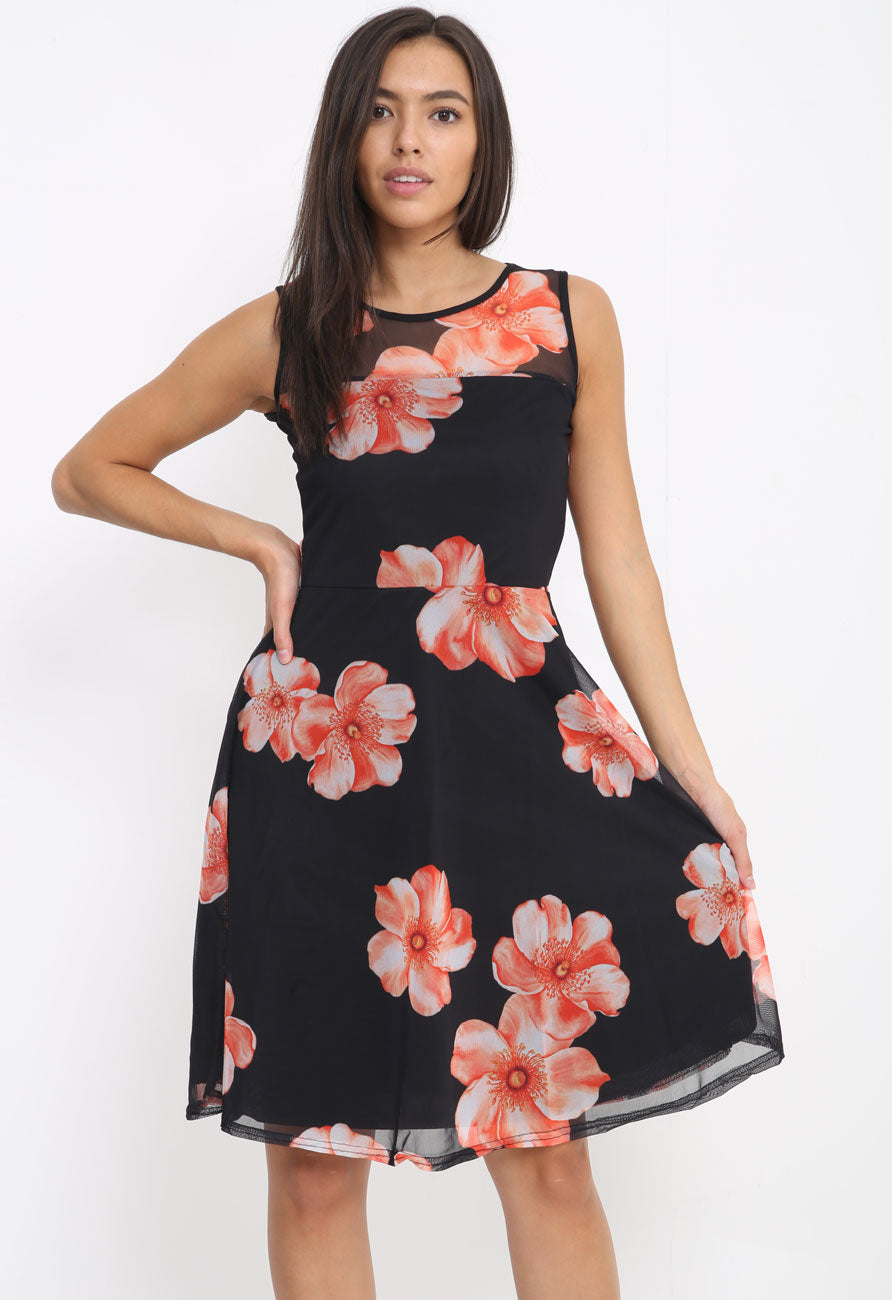 Black Orange Floral Raw Hem Mesh Layer Mini Skater Dress Black Orange Floral Raw Hem Mesh Layer Mini Skater Dress