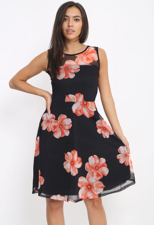 Black Orange Floral Raw Hem Mesh Layer Mini Skater Dress