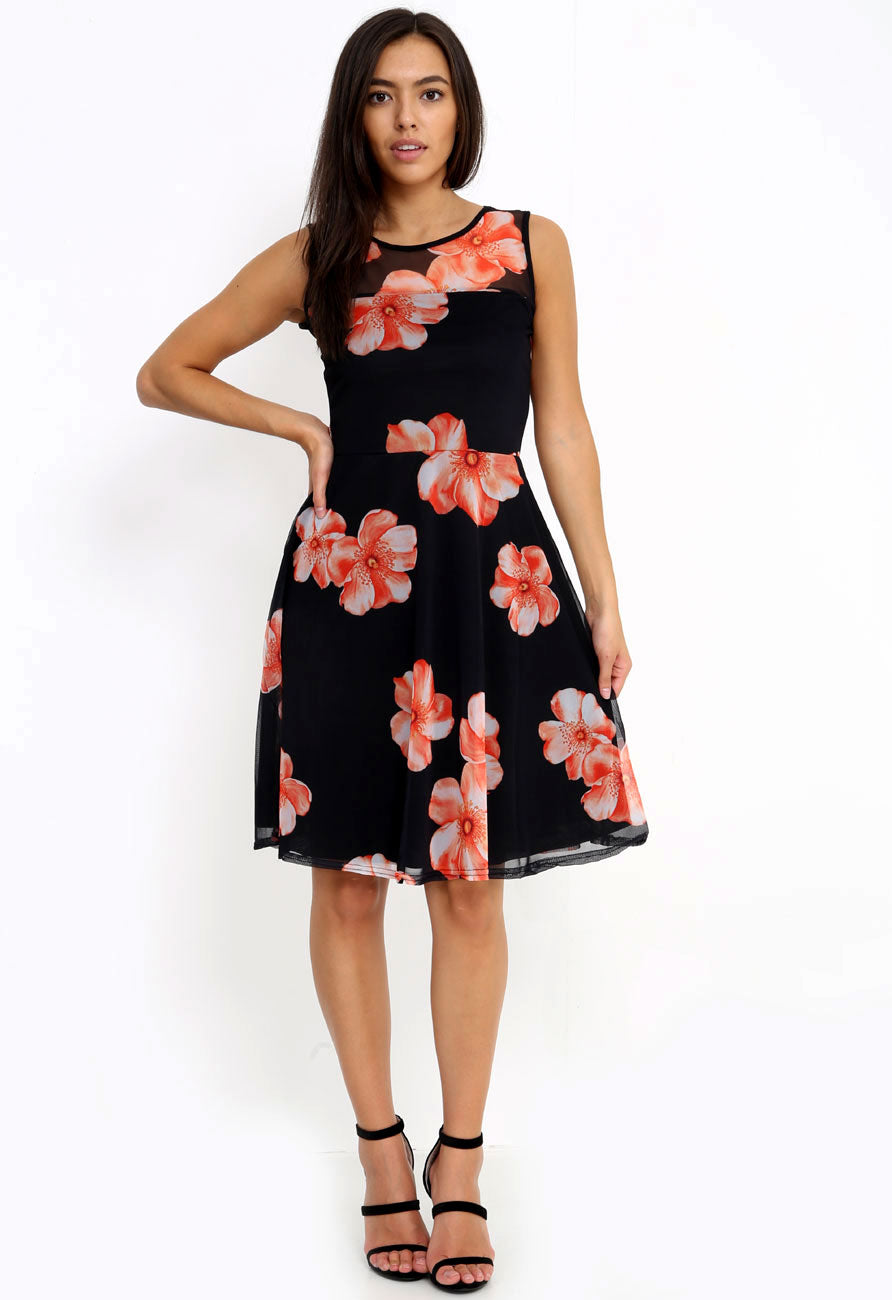 Black Orange Floral Raw Hem Mesh Layer Mini Skater Dress Black Orange Floral Raw Hem Mesh Layer Mini Skater Dress