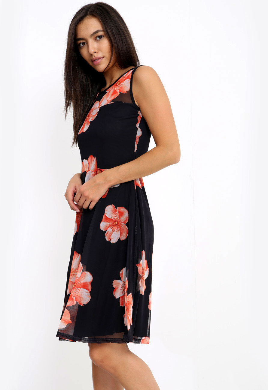 Black Orange Floral Raw Hem Mesh Layer Mini Skater Dress Black Orange Floral Raw Hem Mesh Layer Mini Skater Dress