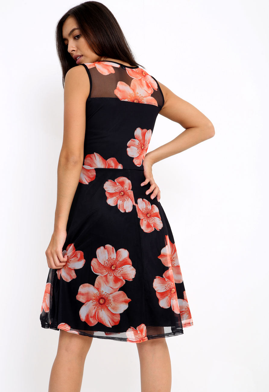 Black Orange Floral Raw Hem Mesh Layer Mini Skater Dress Black Orange Floral Raw Hem Mesh Layer Mini Skater Dress