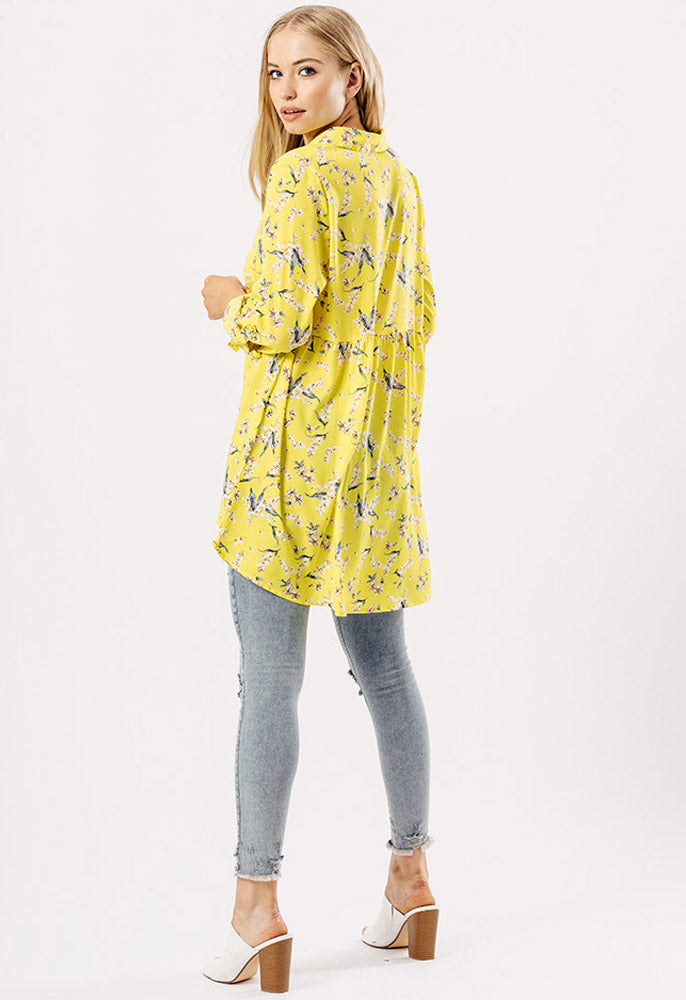 Yellow Floral Print Button Down Dip Hem Shirt Yellow Floral Print Button Down Dip Hem Shirt