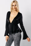 Flute Sleeve Plunge V Neck Ruffle Top in Black Flute Sleeve Plunge V Neck Ruffle Top in Black