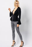 Flute Sleeve Plunge V Neck Ruffle Top in Black Flute Sleeve Plunge V Neck Ruffle Top in Black
