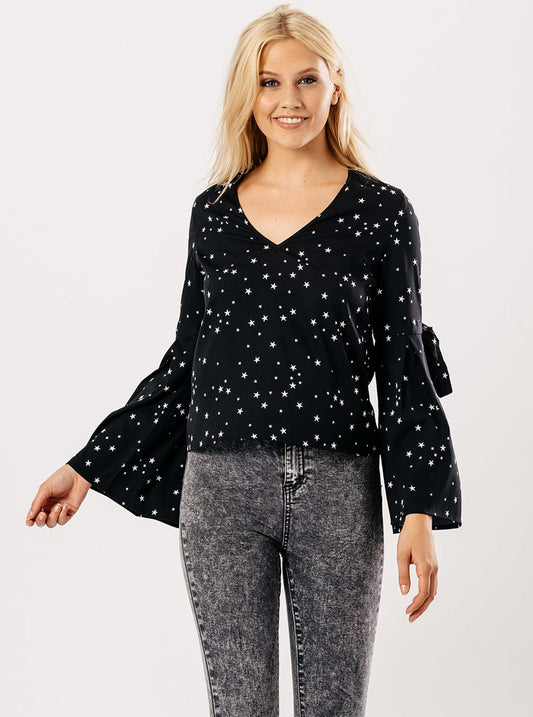 Black All Star V Neck Tie Fasten Flare Sleeve Top