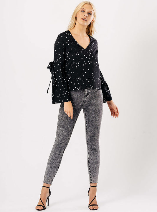 Black All Star V Neck Tie Fasten Flare Sleeve Top