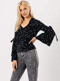 Black All Star V Neck Tie Fasten Flare Sleeve Top Black All Star V Neck Tie Fasten Flare Sleeve Top