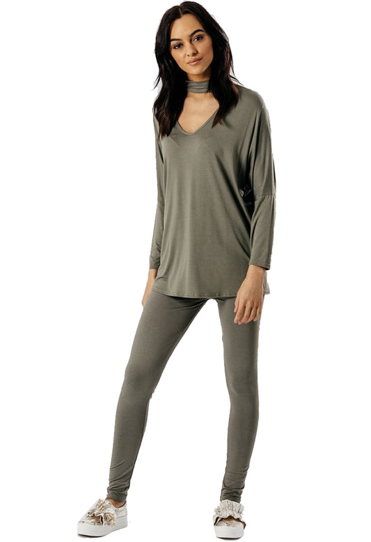 Khaki Choker Neck Loungewear Suit