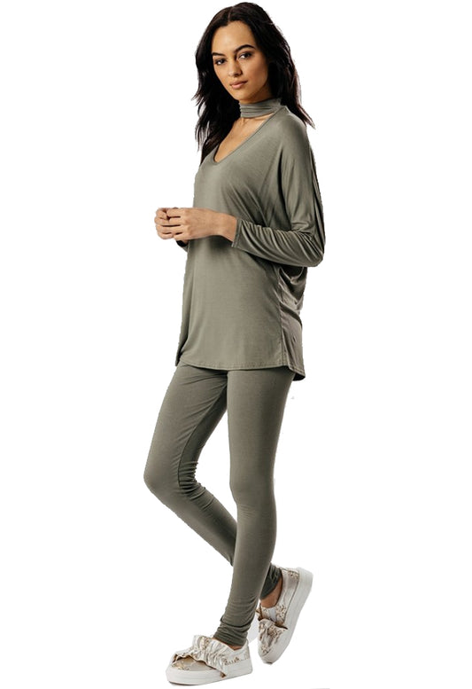 Khaki Choker Neck Loungewear Suit