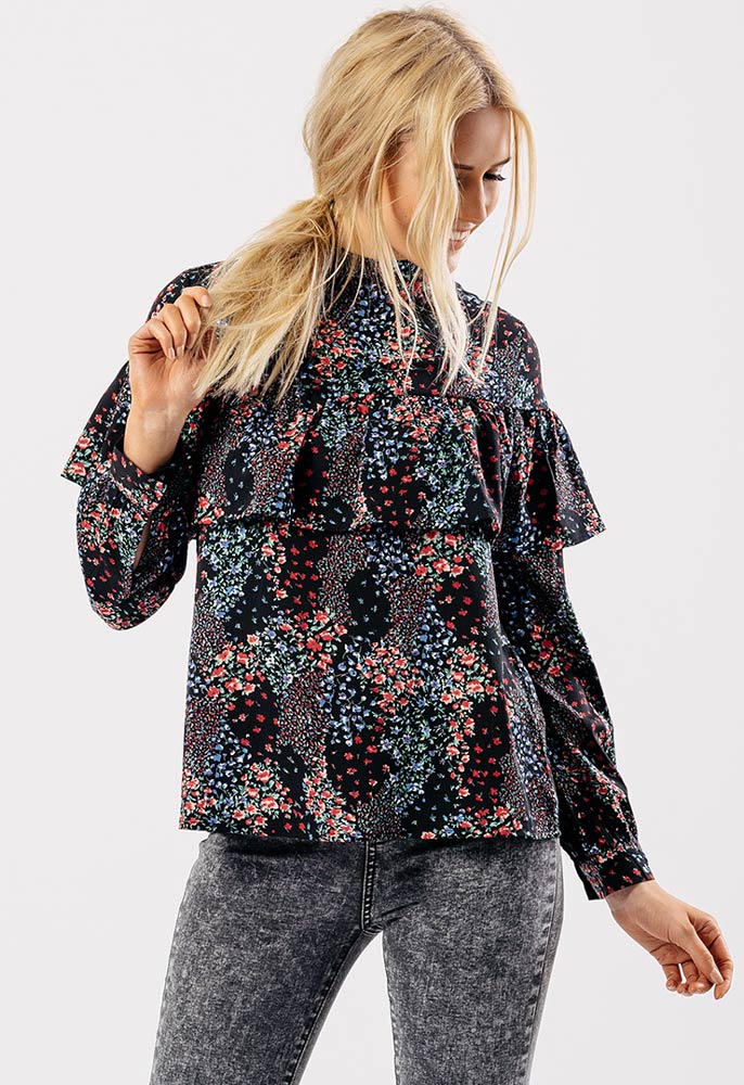 Black Printed High Neck Ruffle Blouse Black Printed High Neck Ruffle Blouse