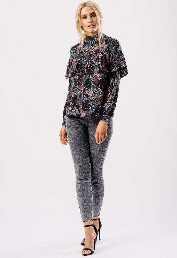 Black Printed High Neck Ruffle Blouse Black Printed High Neck Ruffle Blouse