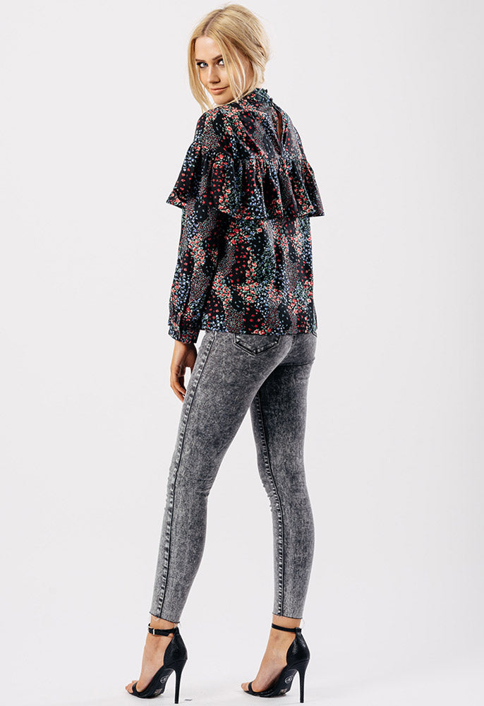 Black Printed High Neck Ruffle Blouse Black Printed High Neck Ruffle Blouse