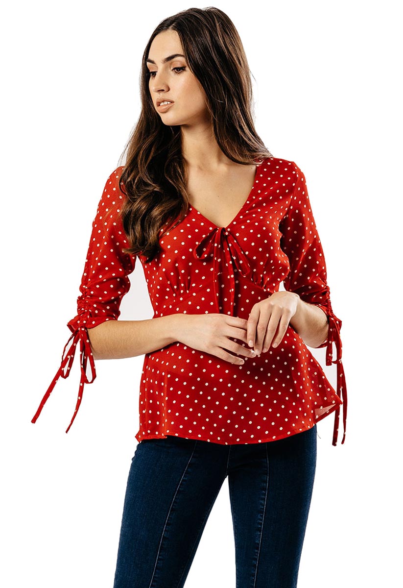 Red Polka Dot Tie Front Tea Top Red Polka Dot Tie Front Tea Top