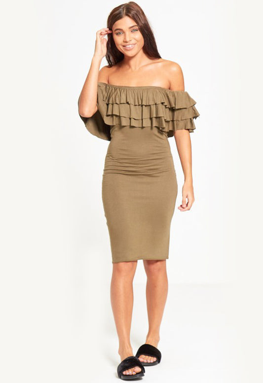 Khaki Frill Off Shoulder Midi Bodycon Dress