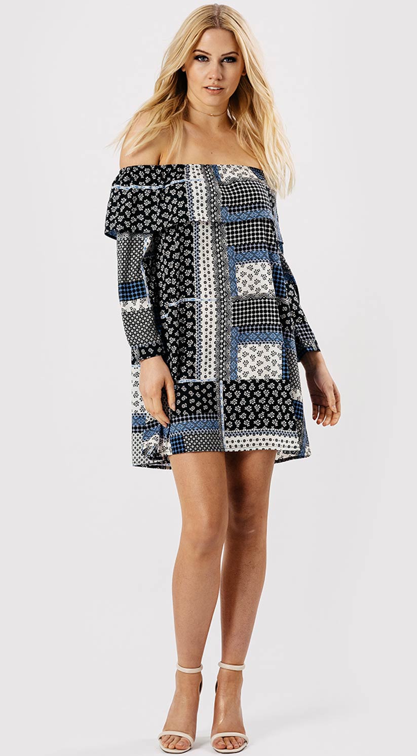 Blue Printed Bardot Frill Mini Dress Blue Printed Bardot Frill Mini Dress