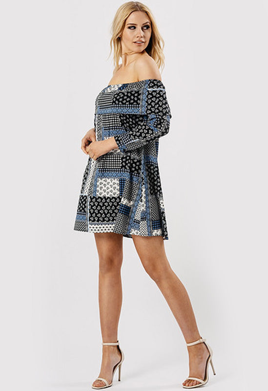 Blue Printed Bardot Frill Mini Dress Blue Printed Bardot Frill Mini Dress