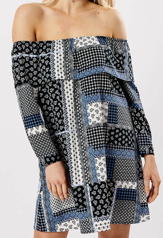 Blue Printed Bardot Frill Mini Dress Blue Printed Bardot Frill Mini Dress