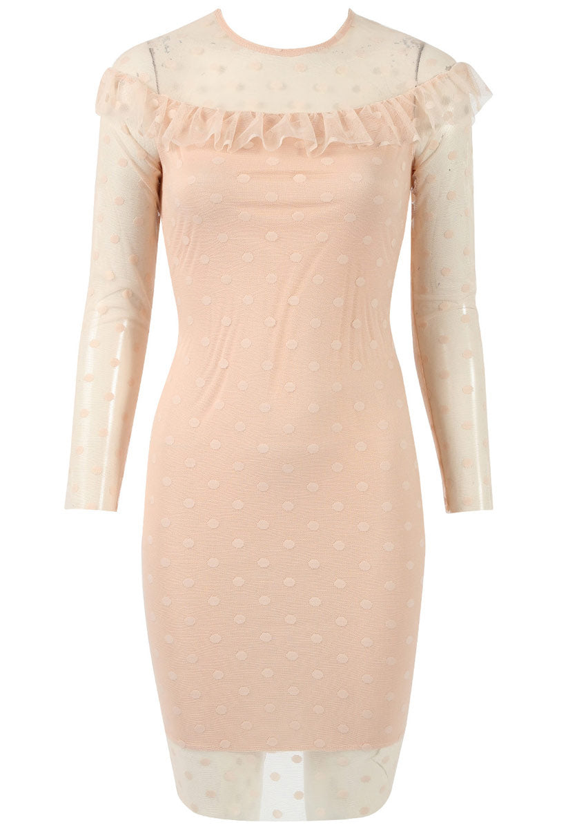 Nude Polka Dot Mesh Frill Mini Bodycon Dress Nude Polka Dot Mesh Frill Mini Bodycon Dress