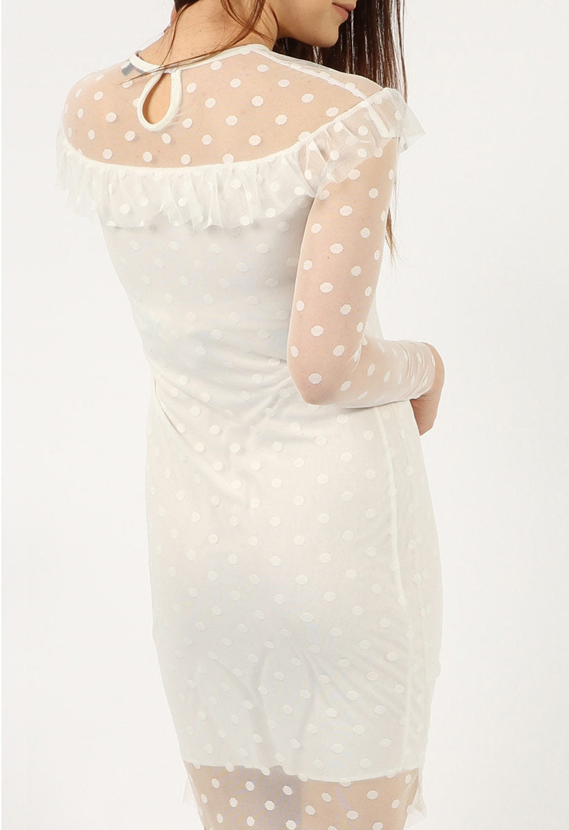 Ivory Polka Dot Mesh Frill Midi Bodycon Dress Ivory Polka Dot Mesh Frill Midi Bodycon Dress