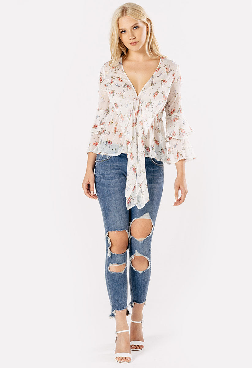 Cream Floral Front Tie Blouse Cream Floral Front Tie Blouse