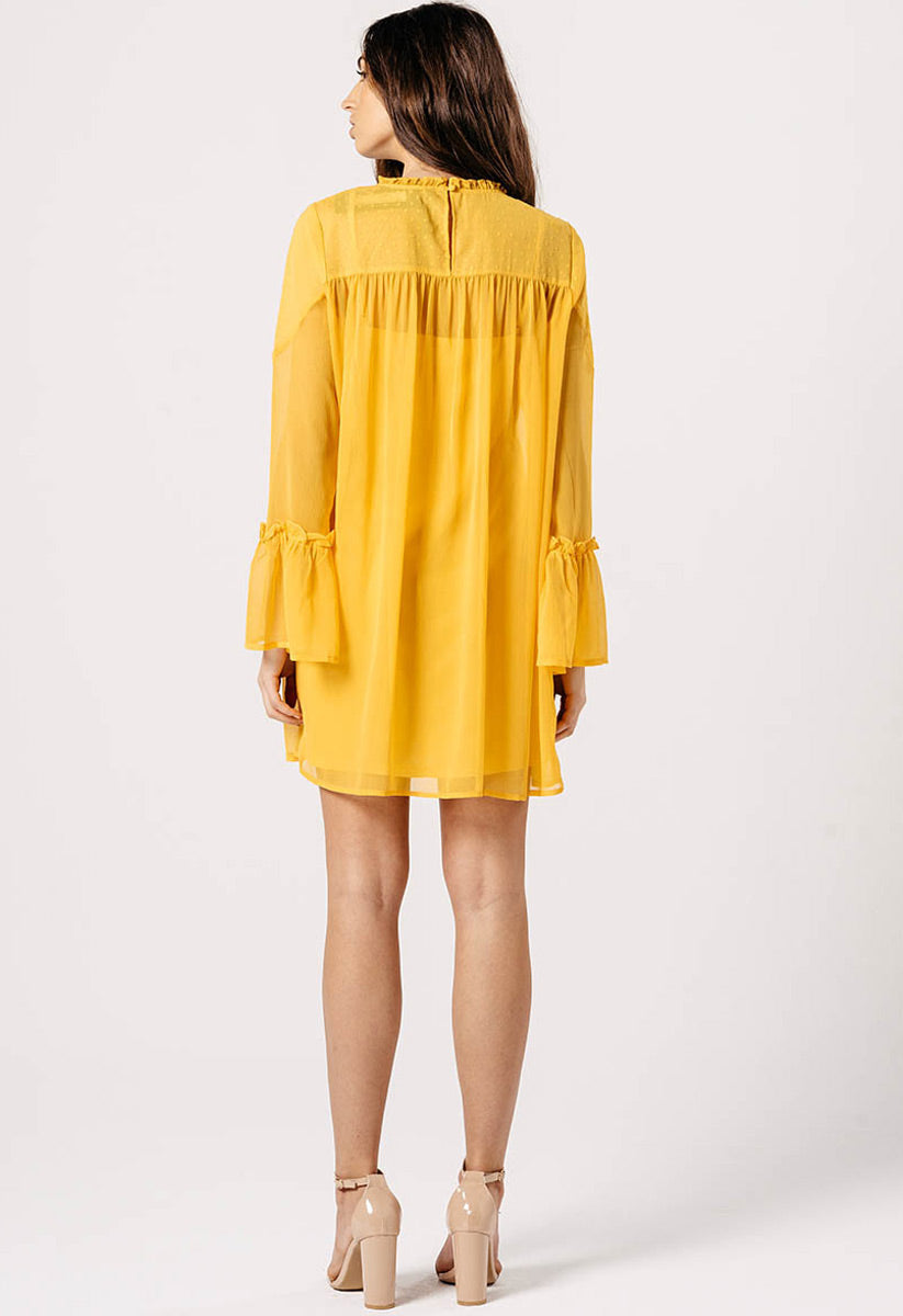 Mustard Flare Sleeve Dobby Print Mini Shift Dress Mustard Flare Sleeve Dobby Print Mini Shift Dress