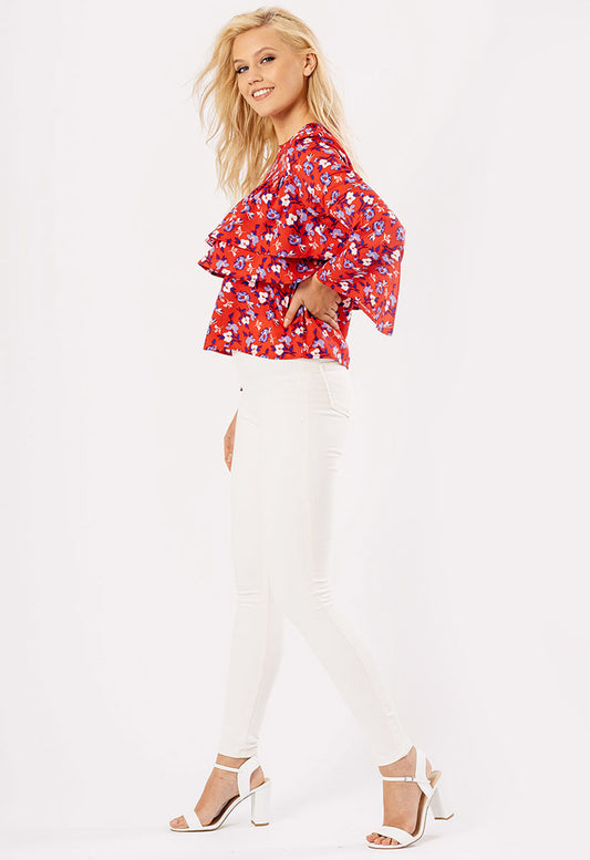 Red Flare Sleeve Frill Front Blouse Top