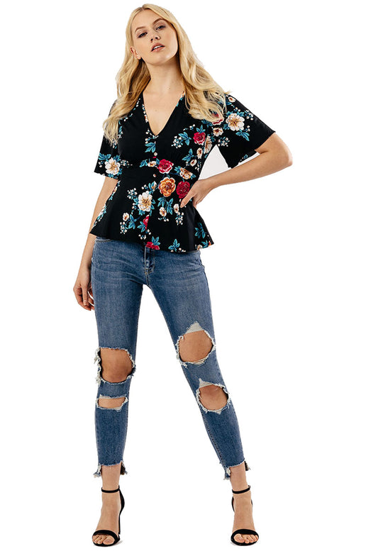 Black Floral Button Up Tea Blouse Top