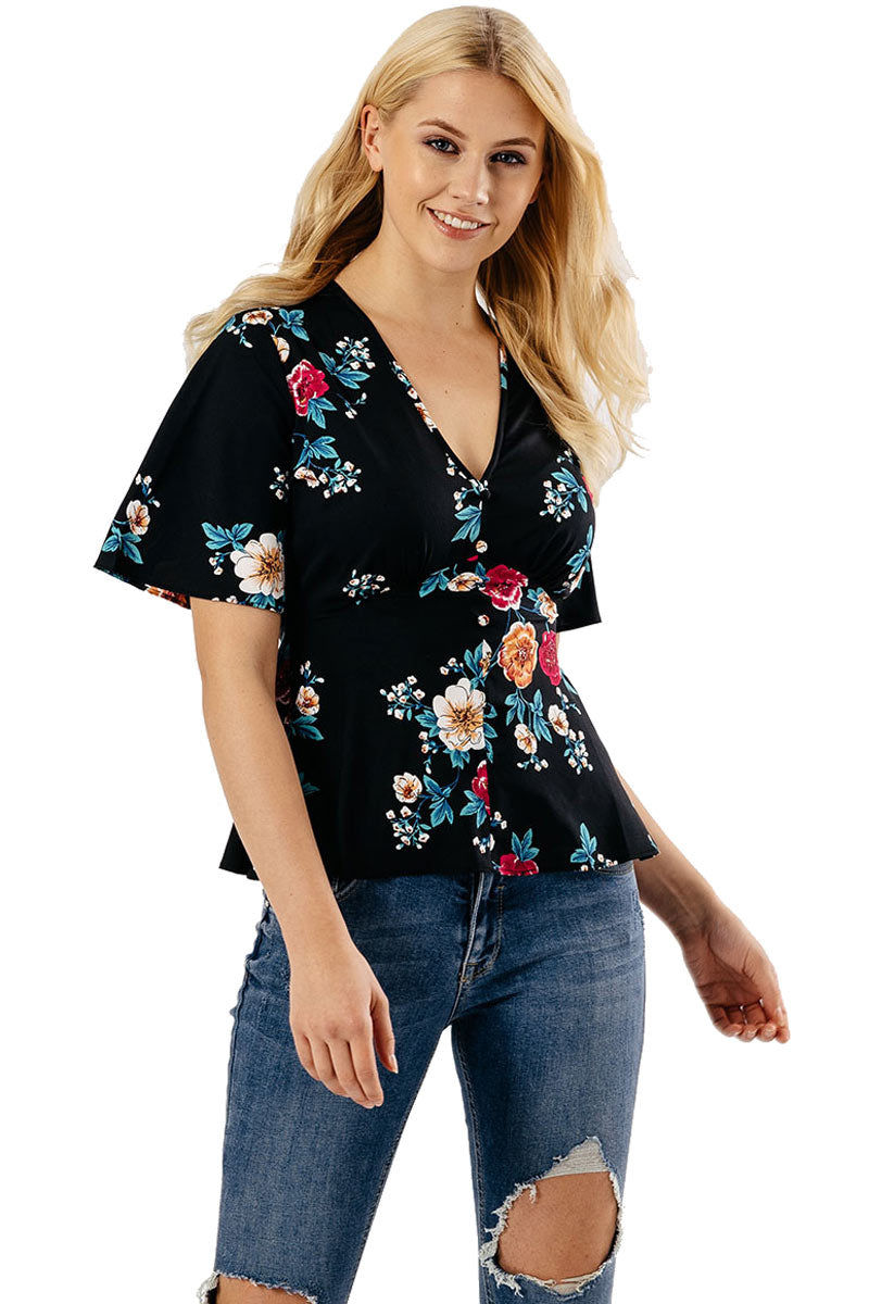 Black Floral Button Up Tea Blouse Top Black Floral Button Up Tea Blouse Top