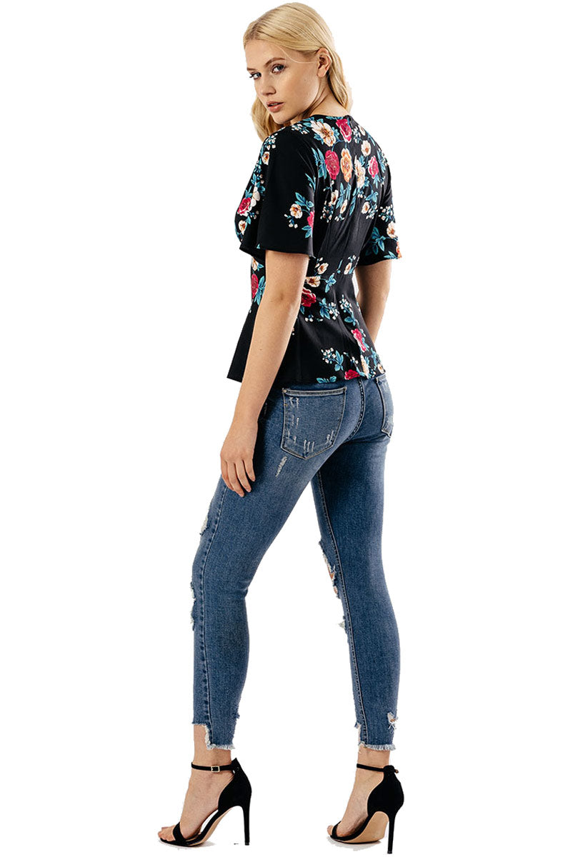 Black Floral Button Up Tea Blouse Top Black Floral Button Up Tea Blouse Top