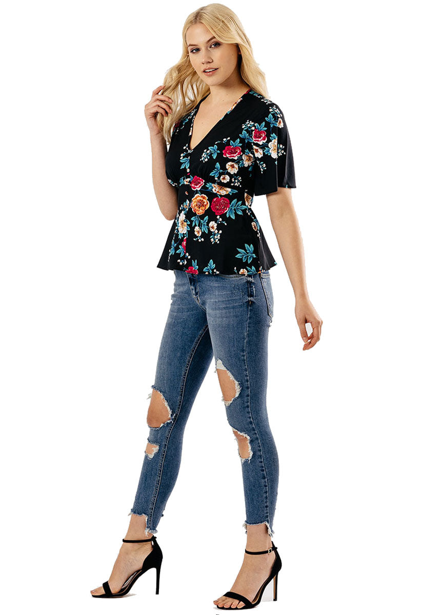 Black Floral Button Up Tea Blouse Top Black Floral Button Up Tea Blouse Top