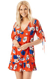 Red Floral Printed V Neck Tea Mini Dress Red Floral Printed V Neck Tea Mini Dress