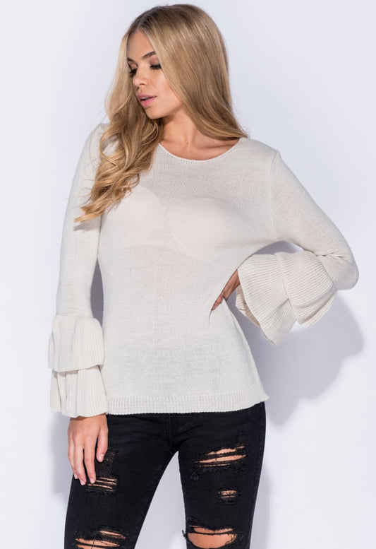 Stone Frill Sleeve Round Neck Knit Top