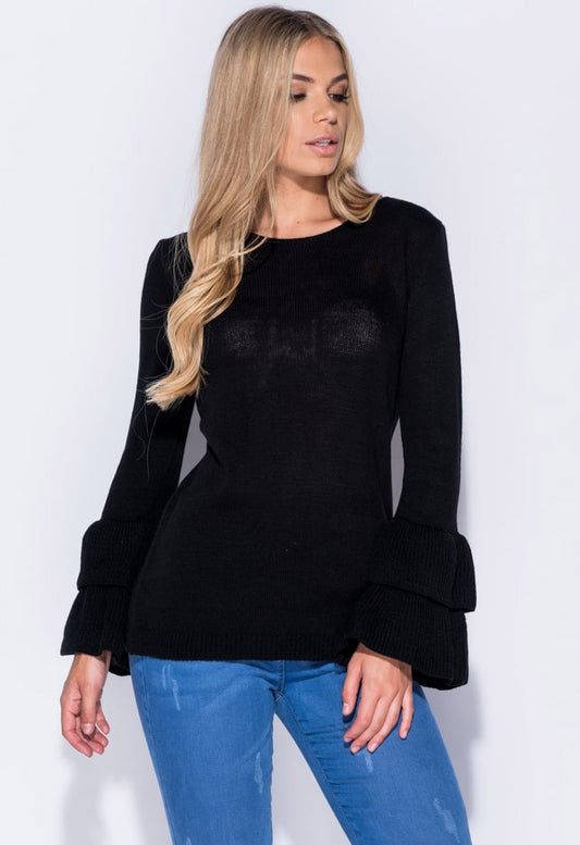 Black Frill Sleeve Round Neck Knit Top