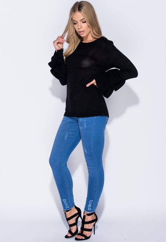 Black Frill Sleeve Round Neck Knit Top