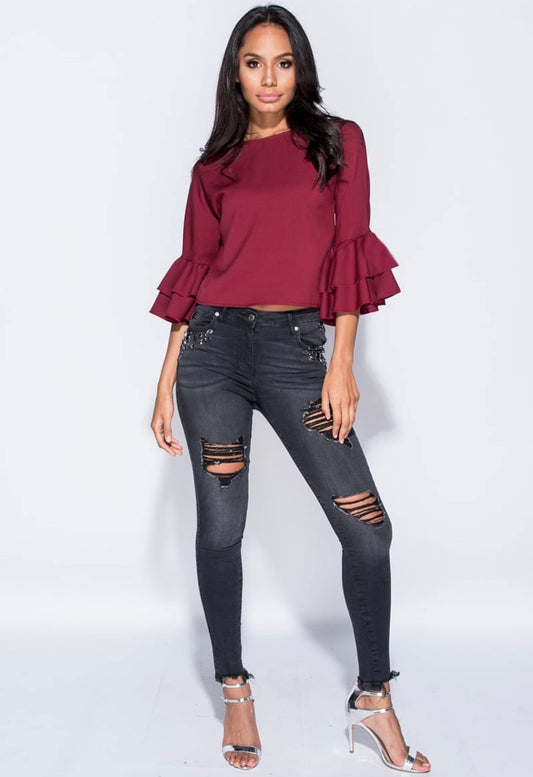 Wine Bell Sleeve Round Neck Blouse Top