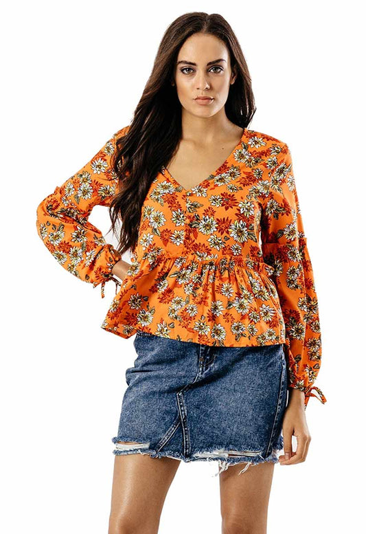 Orange Floral V Neck Balloon Sleeve Blouse Top