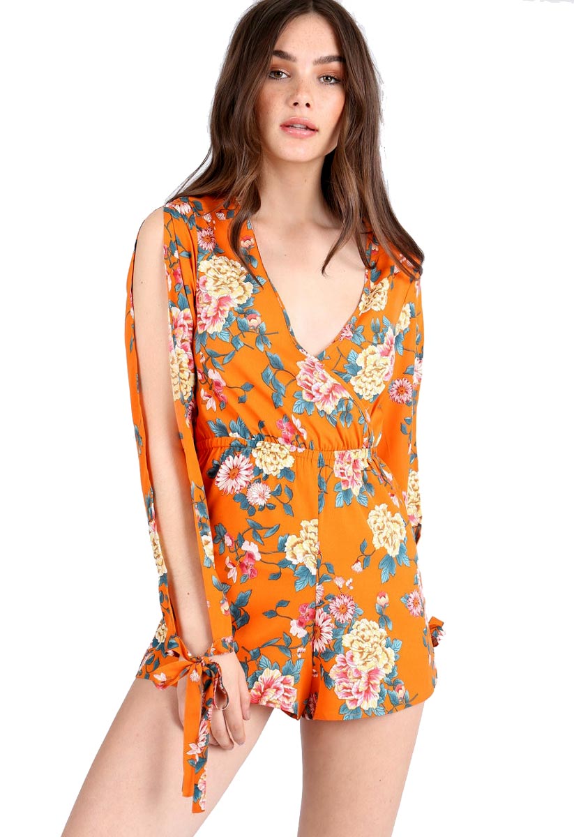 Orange Floral Self Tie Sleeve Playsuit Orange Floral Self Tie Sleeve Playsuit