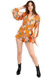 Orange Floral Self Tie Sleeve Playsuit Orange Floral Self Tie Sleeve Playsuit